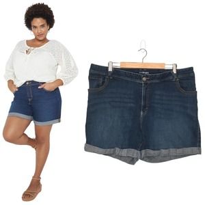 Lane Bryant High Rise Rolled Cuffed Boyfriend Stretch Denim Jean Shorts Blue 28